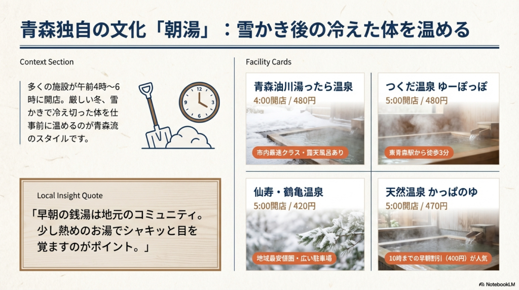 朝湯文化の解説と、青森油川湯ったら温泉、つくだ温泉ゆーぽっぽ、かっぱのゆ、仙寿・鶴亀温泉の開店時間と料金をまとめたカード。