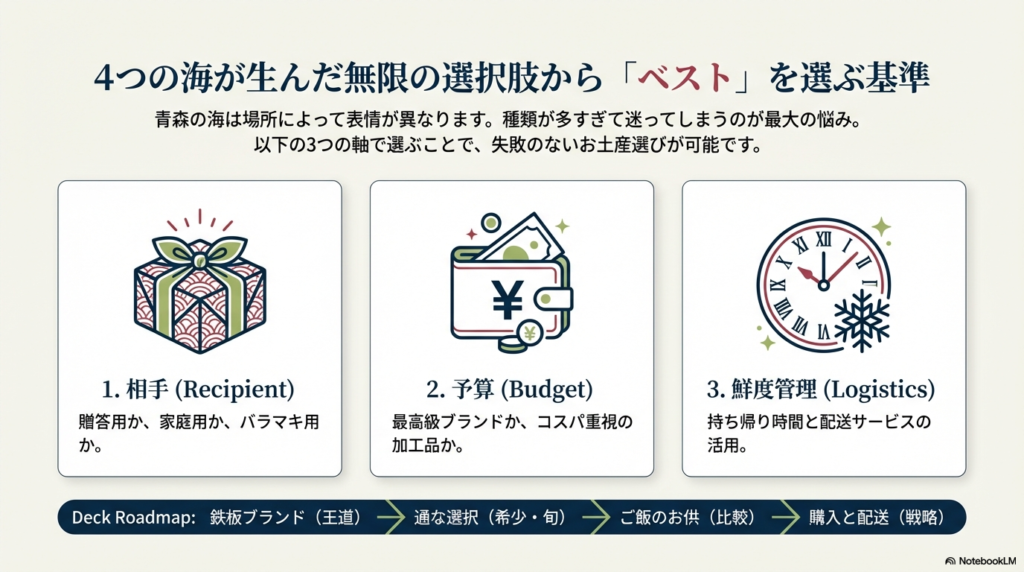 お土産を選ぶ基準として「相手」「予算」「鮮度管理」の3軸を提示し、記事のロードマップ（鉄板ブランド、通な選択、ご飯のお供、購入戦略）を示すスライド。