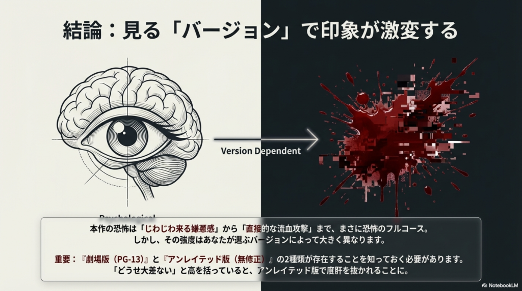 左側に脳と目の解剖図、右側に飛び散る血飛沫が描かれ、中央に「Version Dependent（バージョン依存）」と書かれた、視覚的印象の違いを示す図解。