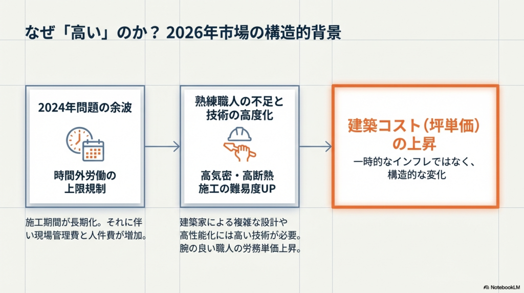 建築コスト上昇の理由を説明する図。2024年問題による施工期間の長期化、熟練職人不足、高気密・高断熱化による施工難易度の上昇が、坪単価上昇の構造的要因であることを示している。