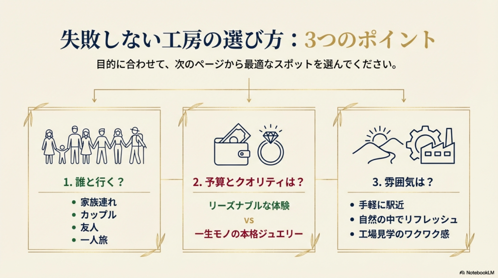 工房選びのポイントとして「誰と行く？」「予算とクオリティは？」「雰囲気は？」の3つを挙げたスライド 。