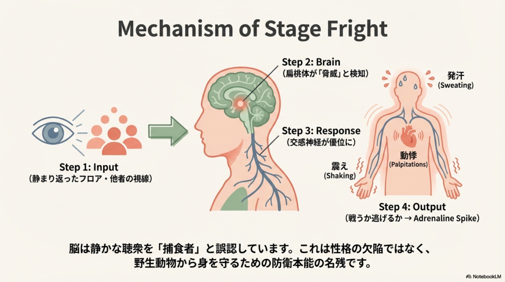 あがり症のメカニズムを4つのステップで説明する図解。ステップ1:他者の視線を入力、ステップ2:扁桃体が「脅威」と検知、ステップ3:交感神経が優位になり動悸や震えが発生、ステップ4:戦うか逃げるかのアドレナリンスパイクが起こる。脳が静かな聴衆を「捕食者」と誤認する防衛本能であることを説明しています。