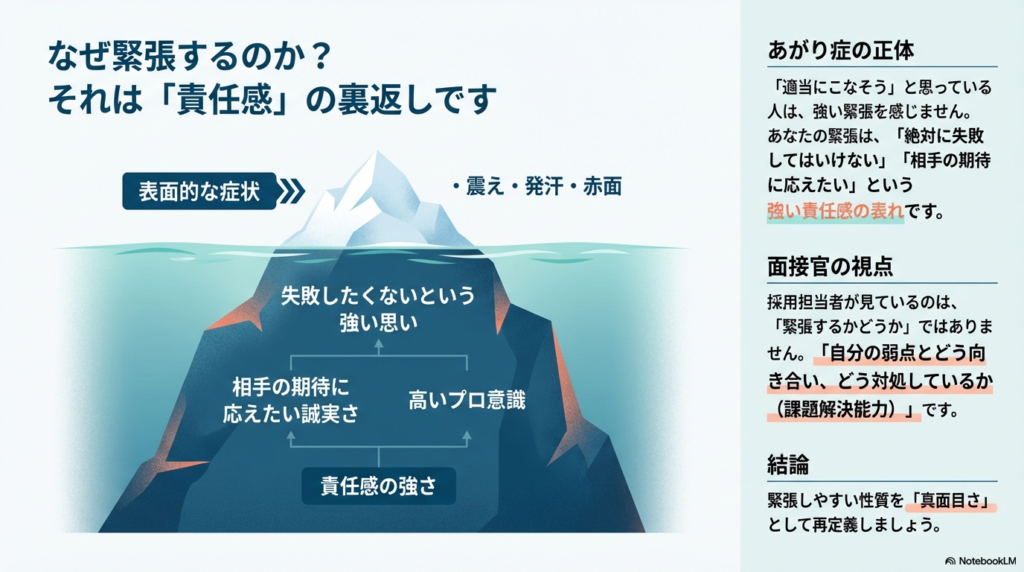 緊張は責任感の裏返しであることを解説し、あがり症を「真面目さ」「高いプロ意識」とポジティブに再定義する図解。