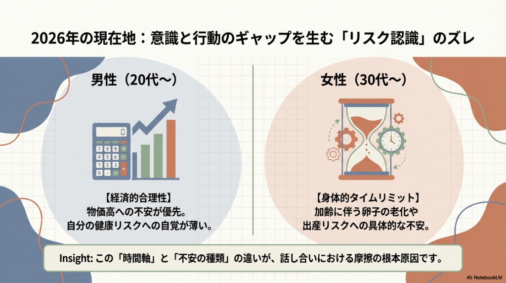 砂時計と歯車のイラスト。男性は経済的合理性（物価高）を優先し、女性は身体的タイムリミット（卵子の老化）を不安視するという、意識のギャップと摩擦の原因を解説している。