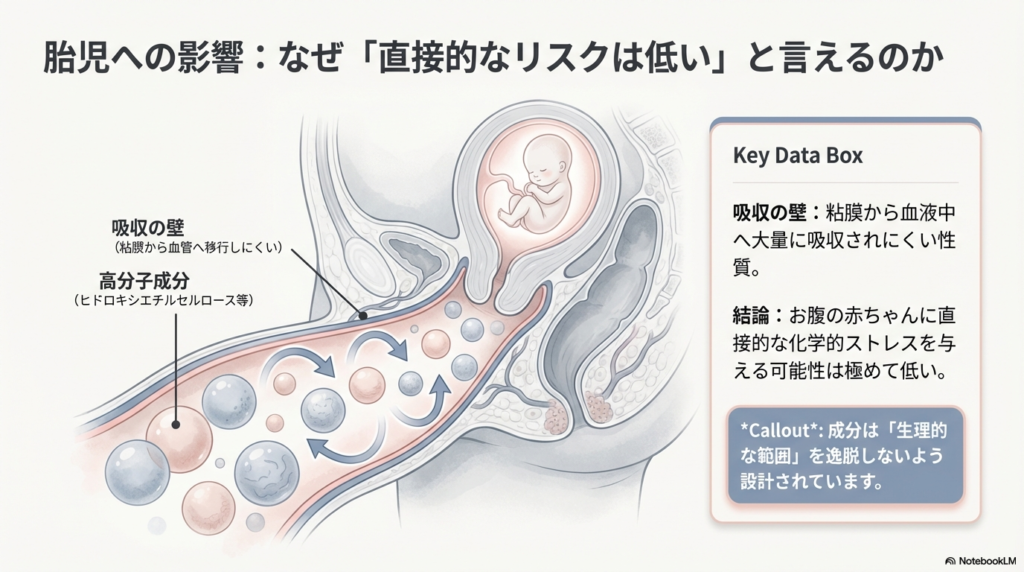 高分子成分が粘膜から血管へ移行しにくい「吸収の壁」の仕組みを解説し、胎児への直接的なリスクが低いことを示す図解。