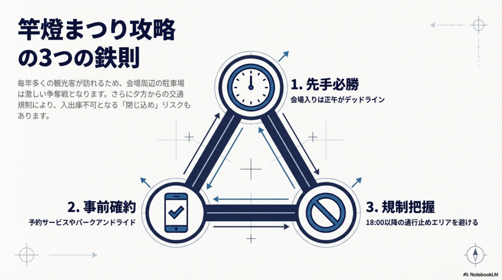 「先手必勝（正午到着）」「事前確約（予約・パークアンドライド）」「規制把握（18時以降の通行止め回避）」という3つの重要ポイントをまとめた図解。