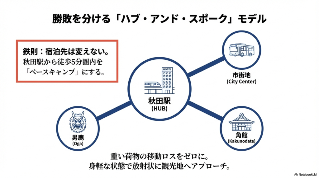 秋田駅(HUB)を中心に、男鹿、市街地、角館が放射状に結ばれた図解。秋田駅から徒歩5分圏内を拠点にすることを推奨している。