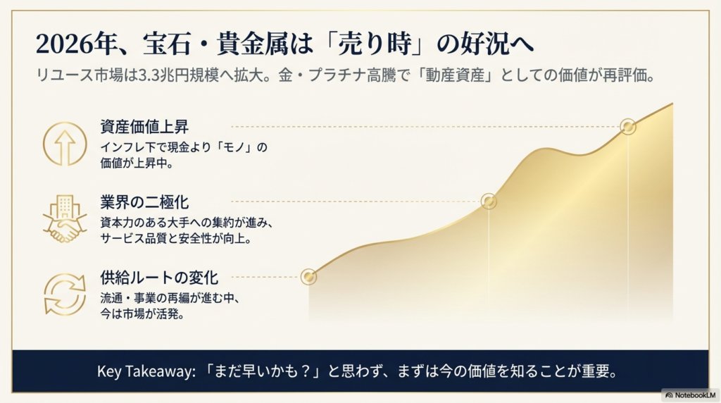 リユース市場が3.3兆円規模へ拡大しているグラフと、資産価値上昇、業界の二極化、供給ルートの変化という3つのトレンドを解説したスライド。