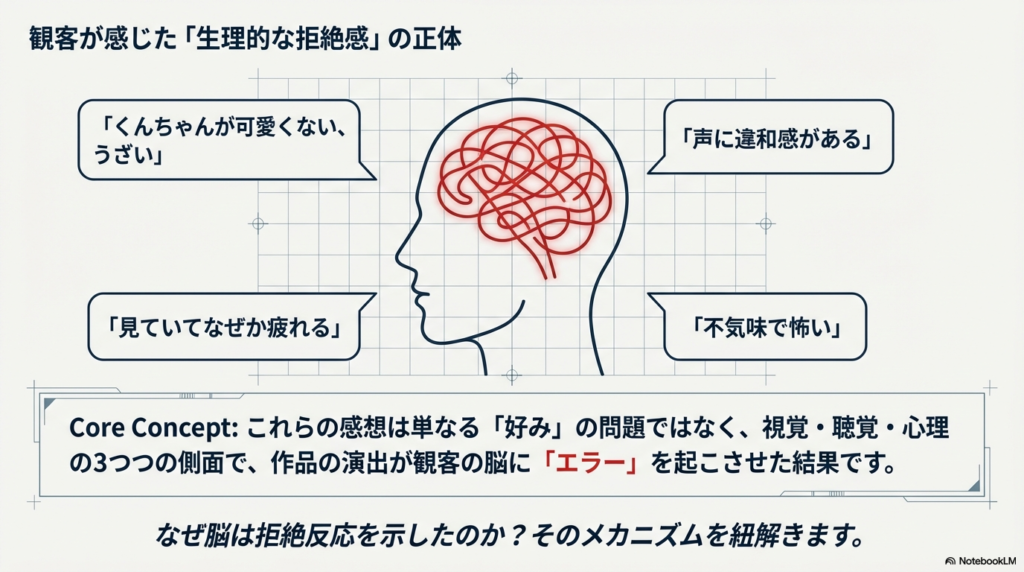 人間の脳のイラストの周囲に「声に違和感がある」「見ていて疲れる」などの観客の感想が並び、それらが視覚・聴覚・心理の3側面での脳の「エラー」であると説明する図解 。