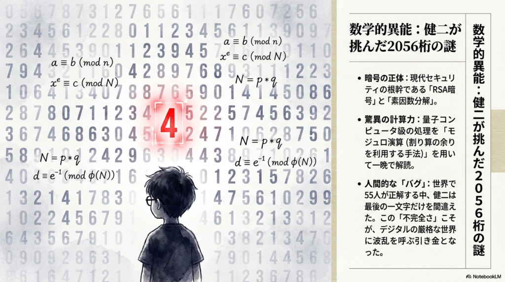  RSA暗号の数式 $x^e \equiv c \pmod{N}$ や $d \equiv e^{-1} \pmod{\phi(N)}$ 、素因数分解 $N=p \times q$ と共に、膨大な数字の列が並ぶスライド。現代セキュリティの根幹である「RSA暗号」を、一晩で解読した健二の驚異的な計算力を解説している。