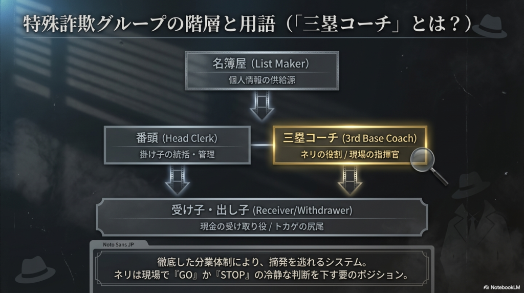 名簿屋、番頭、三塁コーチ、受け子・出し子の役割分担図。ネリの役割である「三塁コーチ」の重要性の説明。