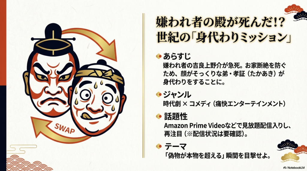 嫌われ者の吉良上野介が急死し、顔がそっくりな弟・孝証が身代わりを務めるミッションを描いた、時代劇×コメディの作品概要スライド 。