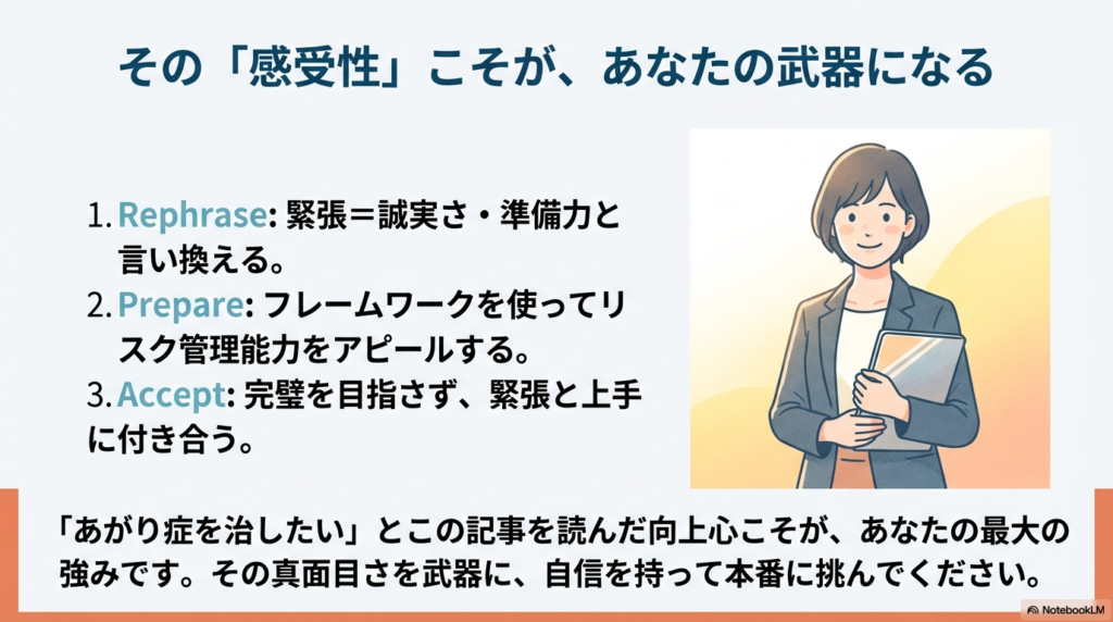 言い換え（Rephrase）、準備（Prepare）、受容（Accept）の3ステップで構成された、本記事の結論をまとめたスライド。