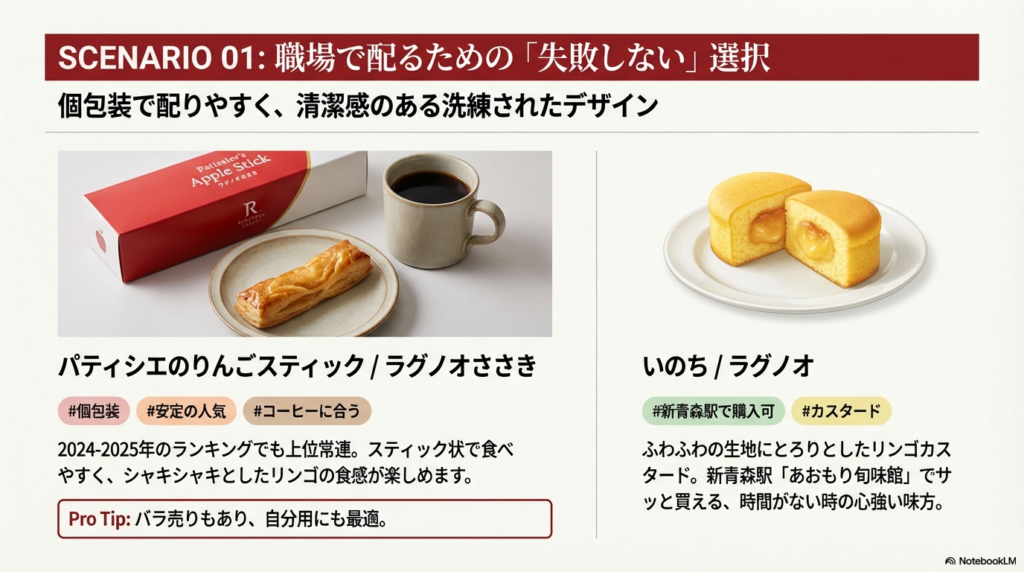 パティシエのりんごスティックとコーヒーのセット、および「いのち」の紹介 。