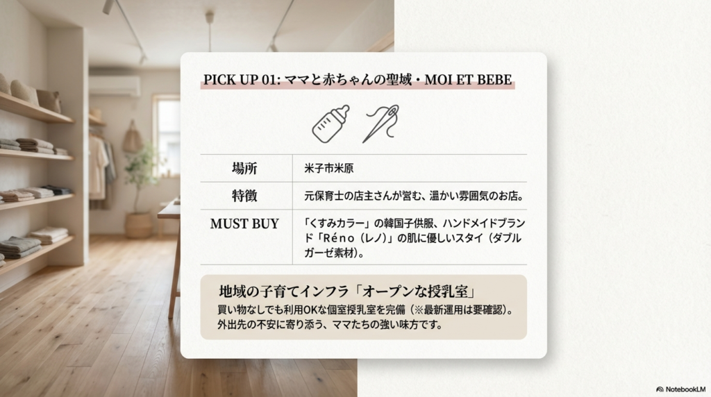米子市米原にあるMOI ET BEBEのショップ情報。元保育士の店主、くすみカラーの韓国服、オープンな授乳室完備などの特徴が記載されたスライド 。