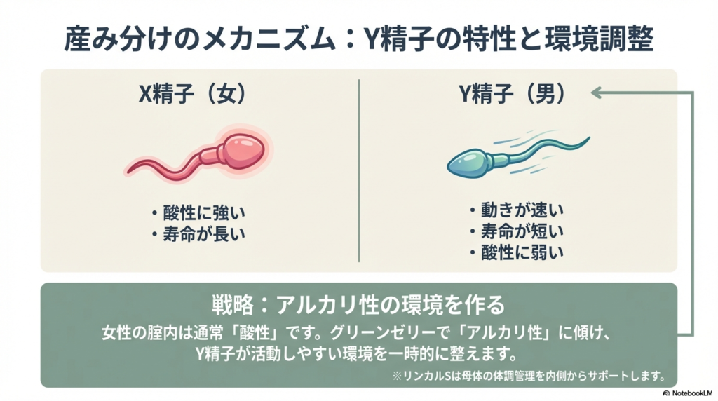 酸性に強く寿命が長いX精子(女)と、動きが速く寿命が短いが酸性に弱いY精子(男)の特性を比較し、ゼリーでアルカリ性の環境を作る戦略を説明する図解。