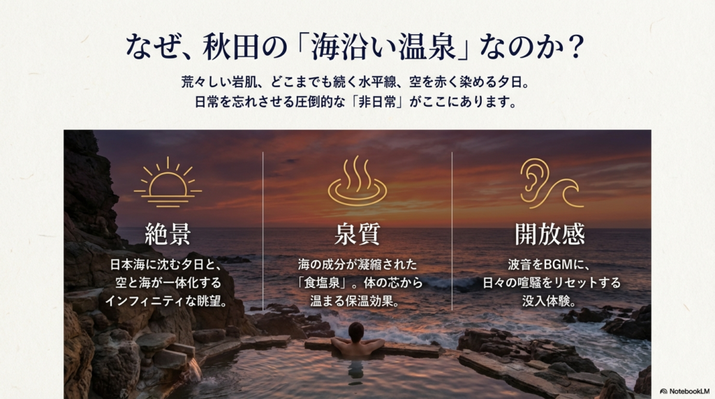 男鹿温泉郷の食塩泉が肌を包み込み、湯冷めしにくい仕組みを解説したイラスト図解