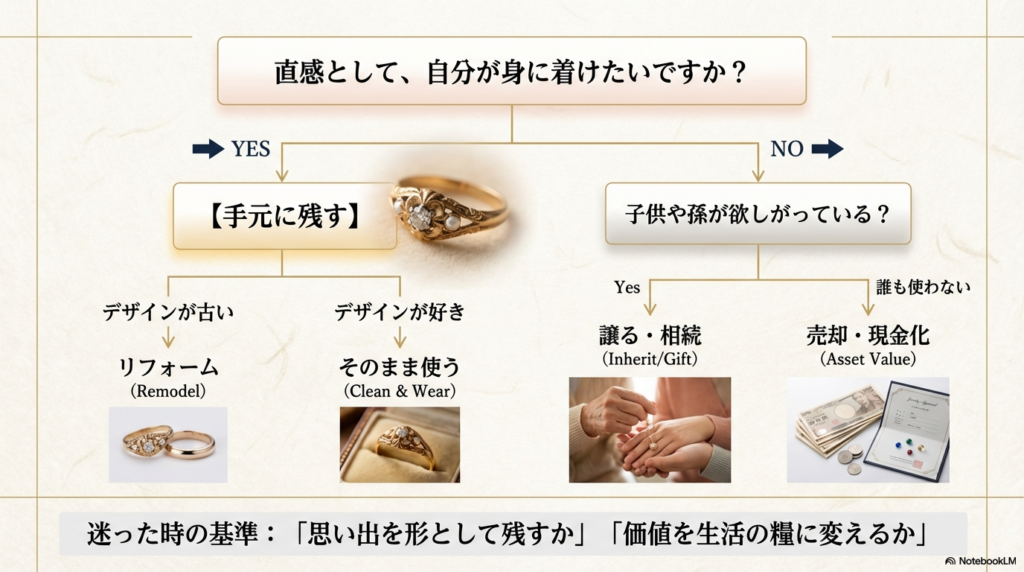 「直感として自分が身に着けたいか?」「子供や孫が欲しがっているか?」などの質問に答えていくことで、「そのまま使う」「リフォーム」「譲る・相続」「売却」の4つの出口へ導く判断チャート図。