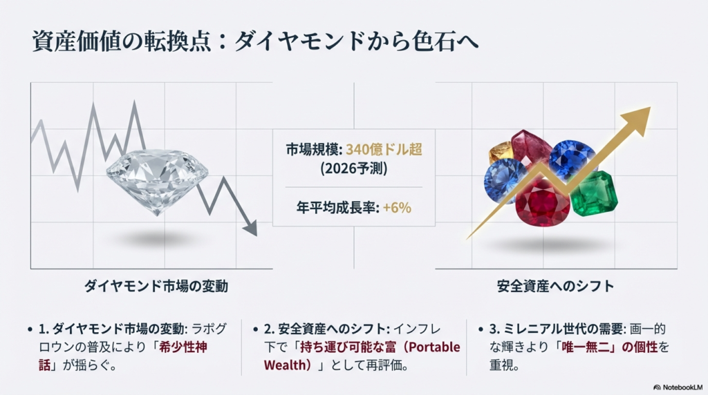 ダイヤモンド市場の変動グラフと対照的に、340億ドル超の市場規模と年平均成長率+6%を予測する、色石への資産シフトを解説したスライド。
