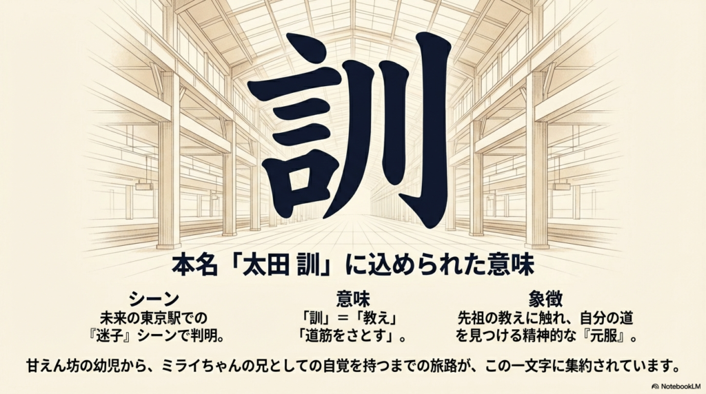 本名「太田訓」の「訓」という一文字に込められた「教え」や「道筋をさとす」という意味を解説。甘えん坊から兄としての自覚を持つまでの旅路が集約されていることを示すスライド 。
