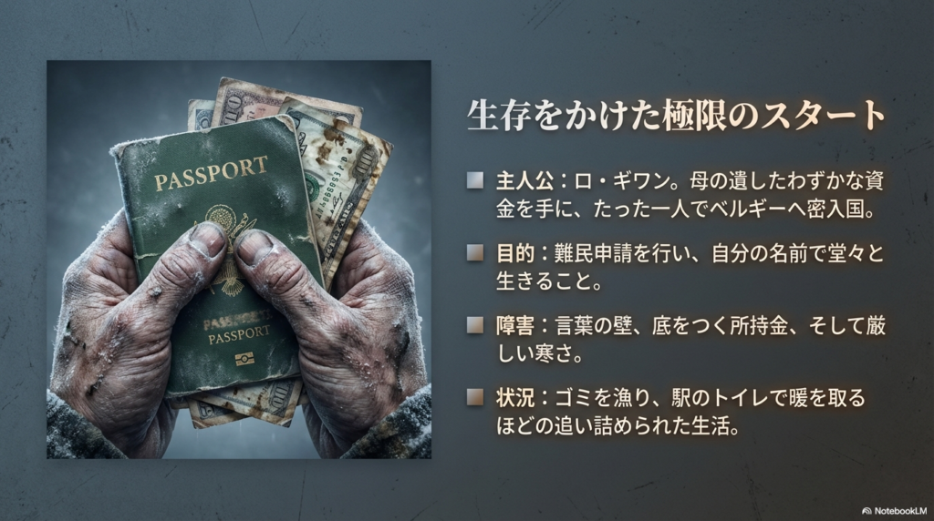 泥に汚れた手で古いパスポートと紙幣を握りしめる画像。ベルギーでの難民申請の目的と、言葉の壁や寒さなどの障害を説明。