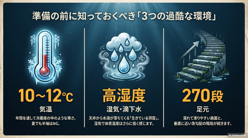 気温10〜12度、高い湿度と天井からの水滴、そして270段の濡れて滑りやすい足元という、洞窟特有の環境をまとめたスライド。