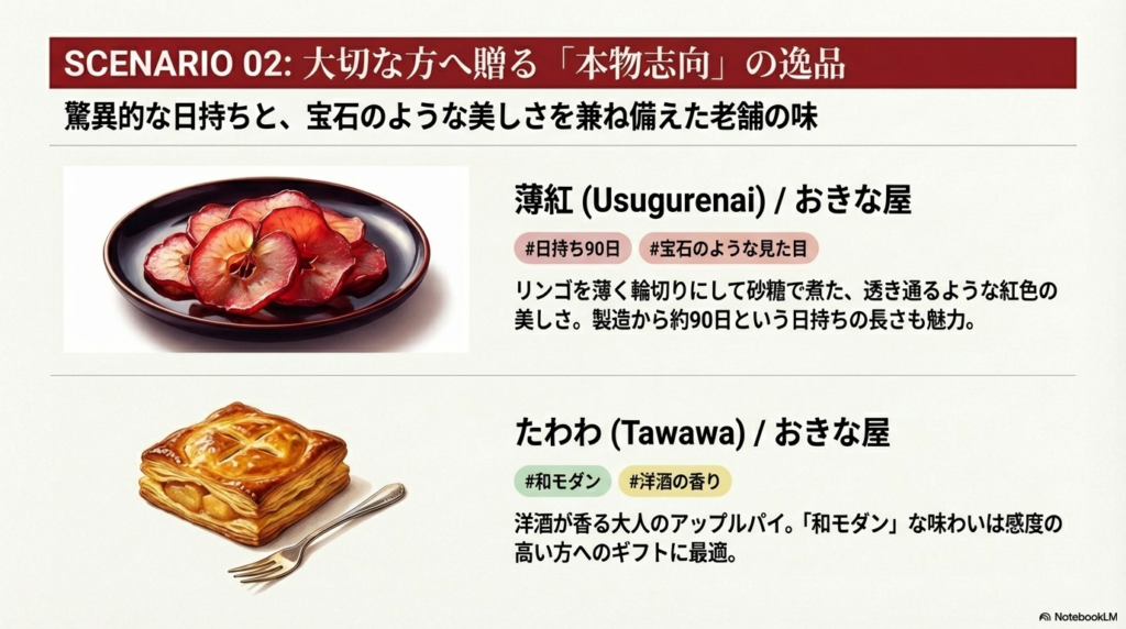 おきな屋の「薄紅」と「たわわ」の美しい写真。宝石のようなリンゴの輪切り菓子が特徴 。