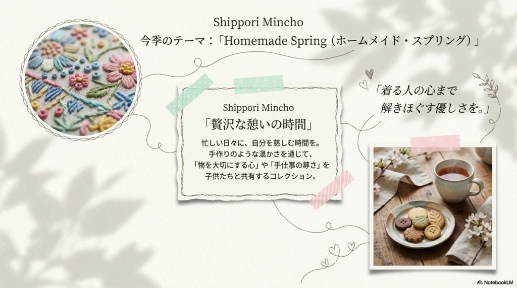 お茶とクッキーの温かな写真とともに、今季のテーマ「Homemade Spring」と「贅沢な憩いの時間」のコンセプトが書かれたスライド。
