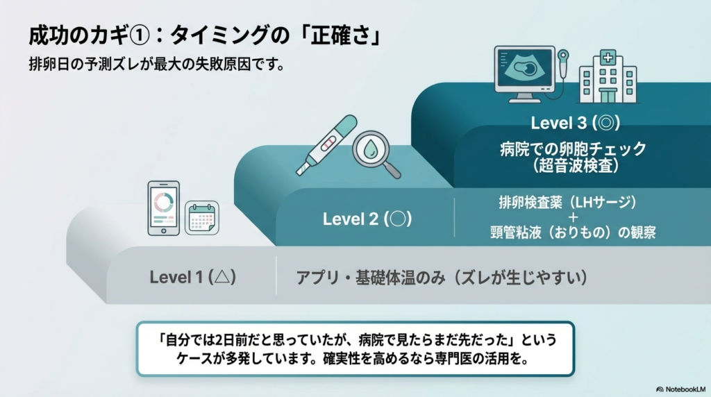 タイミングの正確さをレベル別に解説。病院での卵胞チェック、排卵検査薬、アプリ・基礎体温の3段階で精度を比較し、専門医活用の重要性を示す図解。