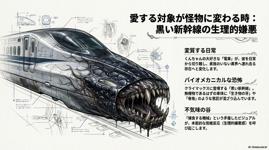 スライド3枚目。無機物であるはずの新幹線に、牙や骨格が混ざり込んだ「不気味の谷」現象と、捕食する機械としてのデザインを分析した内容 。