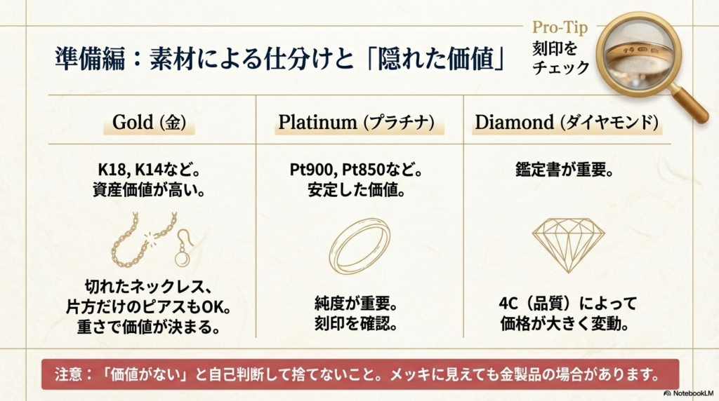 ルーペで指輪の刻印(K18やPt900など)を確認している様子。金、プラチナ、ダイヤモンドの資産価値や鑑定書の重要性、壊れたアクセサリーでも重さで価値が決まることを説明している。