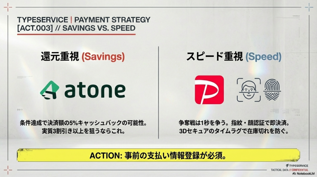 atone（条件達成で5%キャッシュバック）とPayPay（指紋・顔認証で即決済）を比較した図。争奪戦での在庫切れを防ぐためのスピード決済が推奨されている。