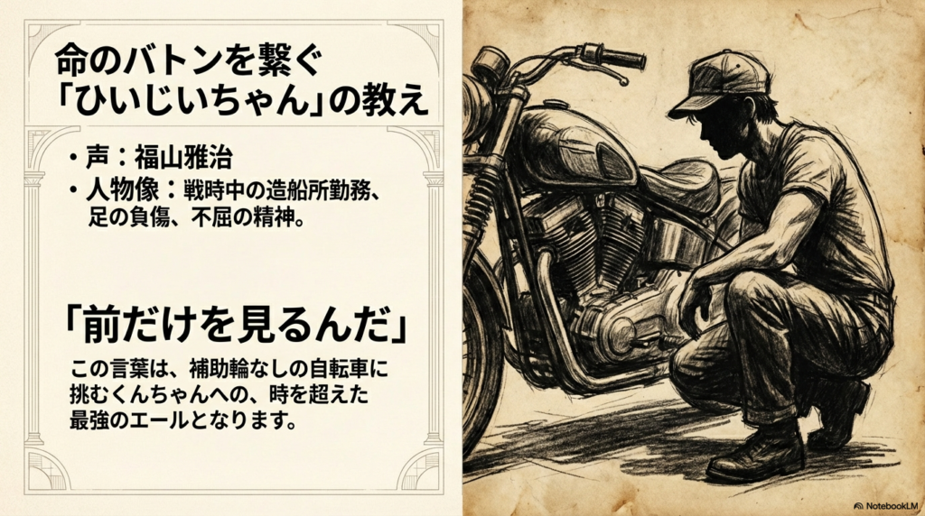 バイクの横にしゃがむひいじいちゃんのイラスト。声優・福山雅治さんが演じる人物像と、くんちゃんへのエールとなった「前だけを見るんだ」という言葉についての解説 。