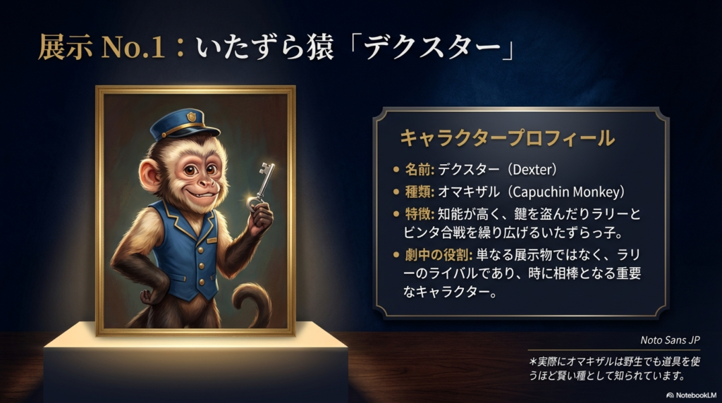 警備員の帽子を被り鍵を持つオマキザルのイラスト。名前はデクスター、知能が高くラリーのライバルであり相棒であるという説明。