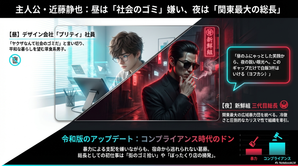 主人公・近藤静也の紹介。昼はデザイン会社プリティの社員、夜は新鮮組三代目総長というギャップと、コンプライアンス時代の葛藤を解説。