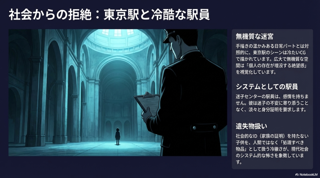 スライド4枚目。無機質なCGで描かれた東京駅と、子供を人間ではなく「処理すべき物品（遺失物）」として扱う駅員の、現代社会的な怖さの象徴 。