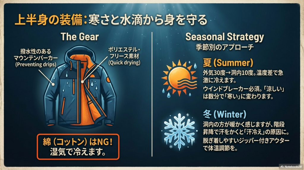 撥水性のある上着やフリースの推奨、綿素材の回避に加え、夏の外気との温度差や冬の汗冷え対策を解説する装備ガイド。
