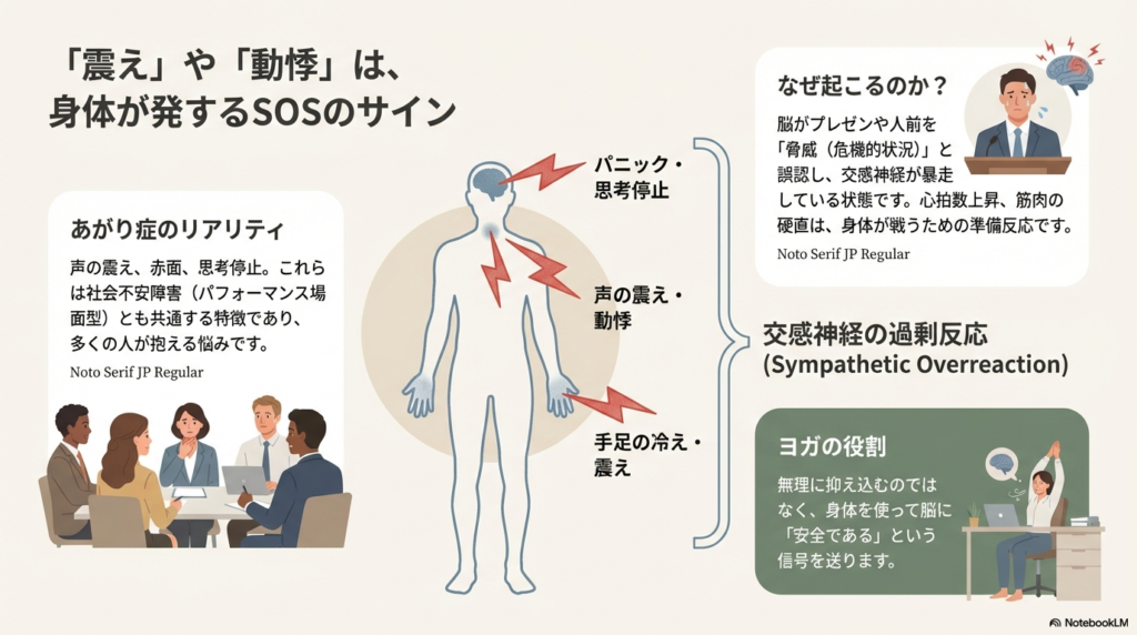 プレゼン中にパニックになるイラストとともに、脳が「脅威」と誤認して交感神経が暴走し、動悸や震えが起こる仕組みを説明するスライド。