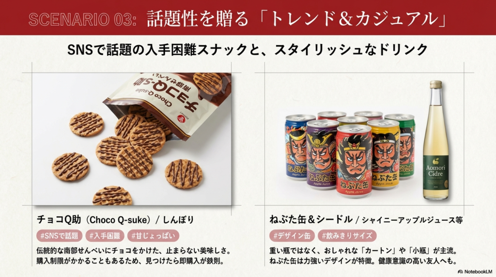 SNSで人気の「チョコQ助」と、力強いデザインの「ねぶた缶」、シードルの紹介 。