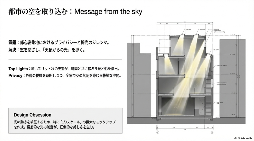 都心の密集地でプライバシーを守りつつ、天窓（トップライト）から光を導き入れる住宅の断面図。スリット状の天窓から光が差し込む様子が描かれている。