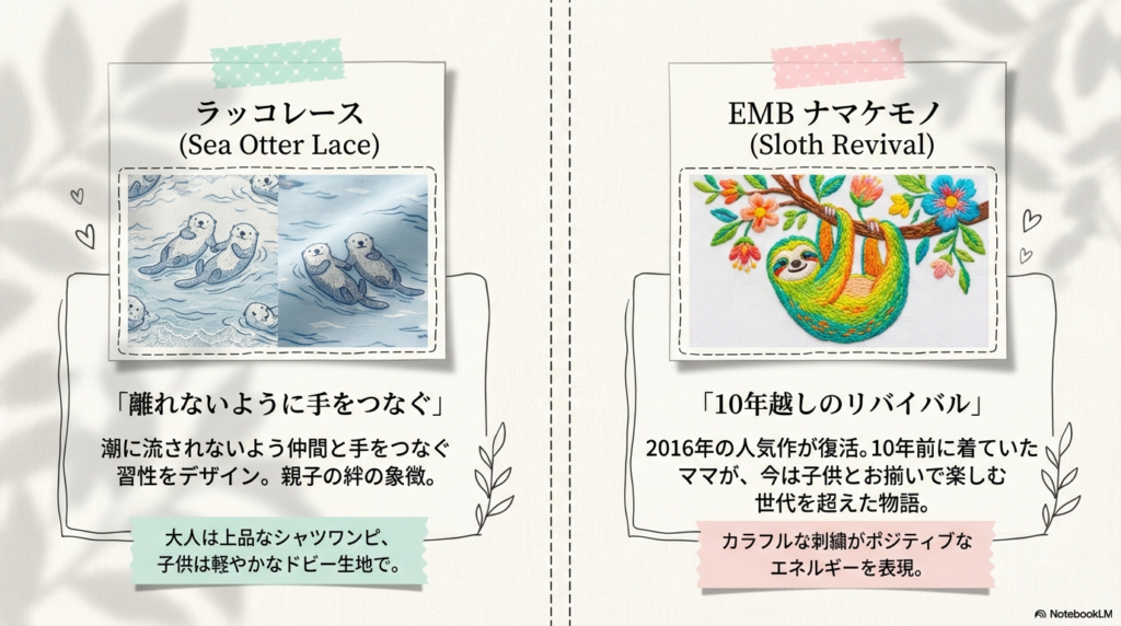 手をつなぐラッコのレースと、カラフルなナマケモノの刺繍イラスト。親子の絆と10年越しのリバイバルについての説明。