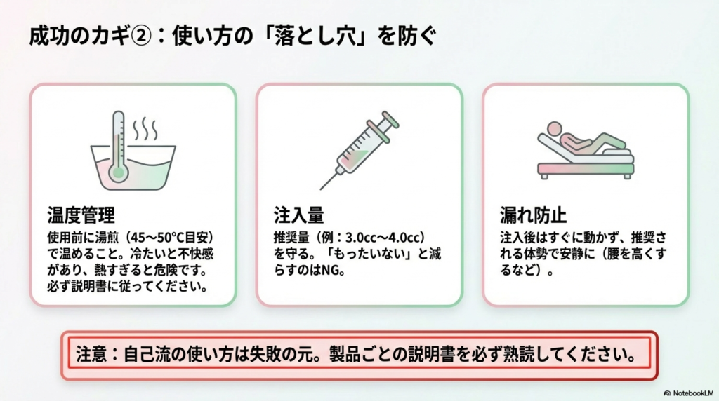 湯煎温度(45〜50℃)、推奨注入量の遵守、注入後の安静姿勢など、自己流を防ぐための正しい使い方のポイントをまとめたスライド。
