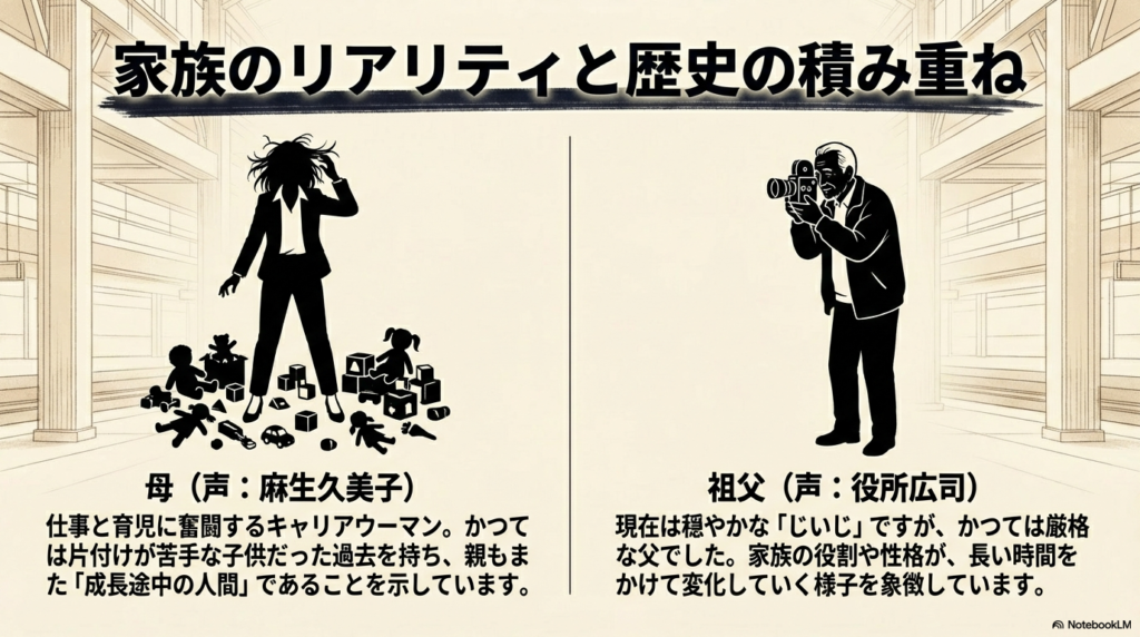 母（声：麻生久美子）と祖父（声：役所広司）の紹介。親もかつては子供であり、長い時間をかけて役割が変化していくという家族の歴史を象徴するシルエットイラスト 。