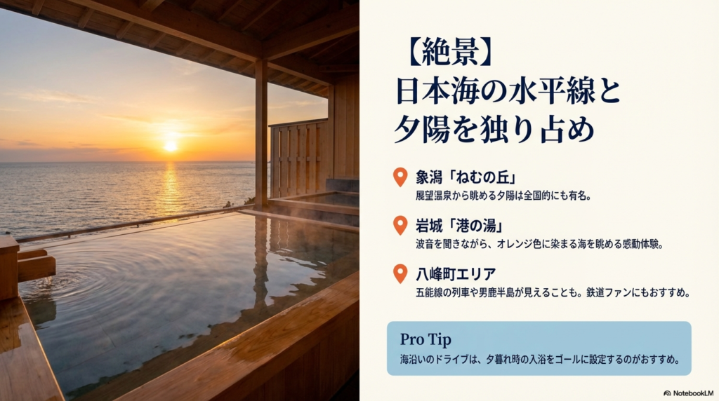 象潟「ねむの丘」や岩城「港の湯」など、日本海の夕陽や五能線の列車が見える絶景スポットを紹介するスライド。