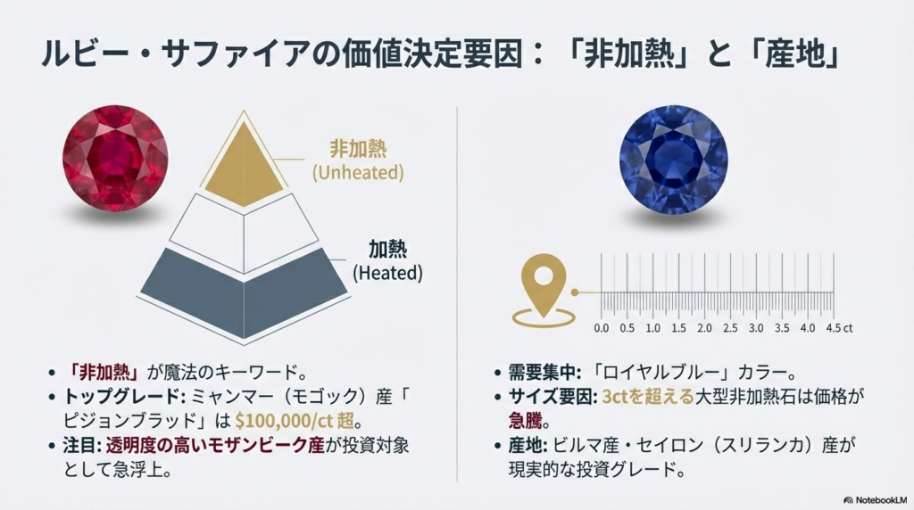 「非加熱」を頂点とする価値のピラミッドと、ミャンマー産ピジョンブラッドやモザンビーク産の投資価値について解説した図。