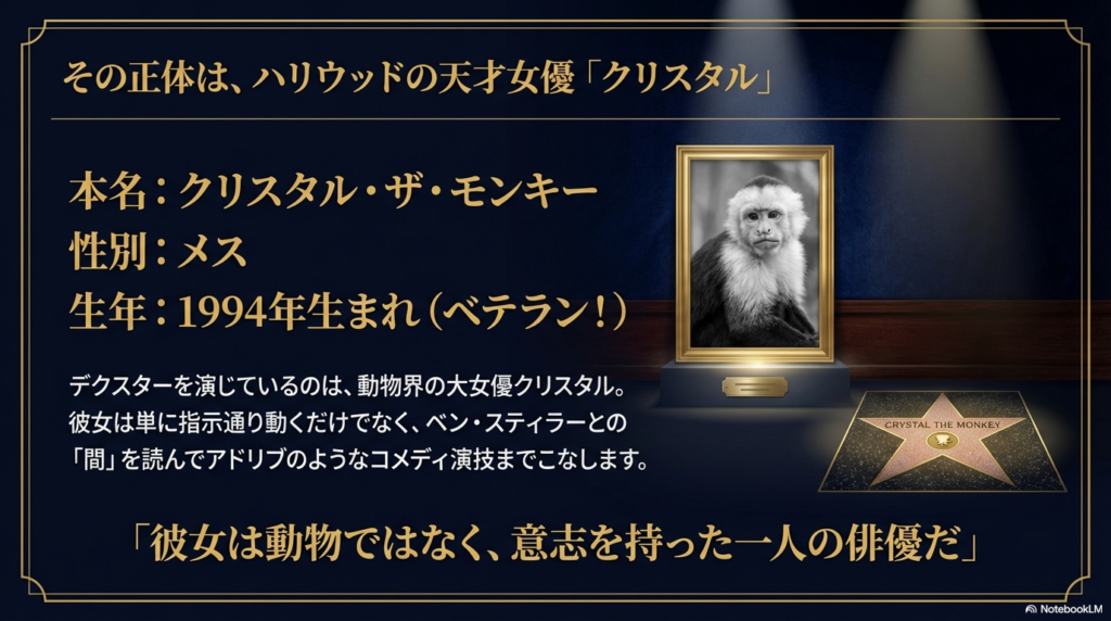 「本名：クリスタル・ザ・モンキー。1994年生まれのメス。」というプロフィールと、ベン・スティラーと阿吽の呼吸を見せるベテラン俳優であることの紹介。