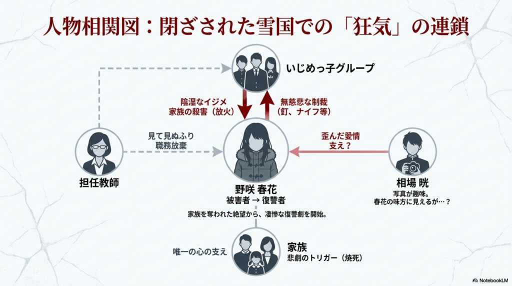 野咲春花、相場晄、いじめっ子グループ、担任、家族の相関図。被害者が復讐者へと変わる構図。