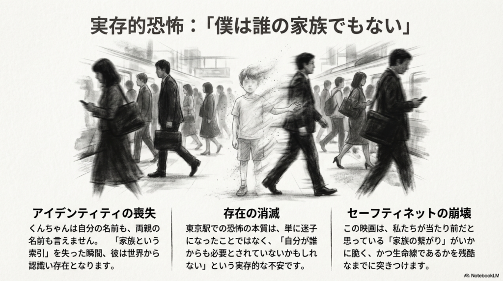 スライド5枚目。自分の名前も両親の名前も言えないことで、世界から認識されなくなる実存的恐怖と、家族というセーフティネットの脆さを描いたもの 。