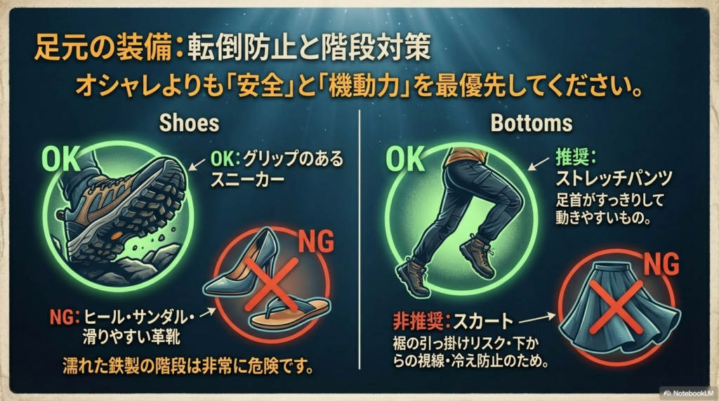 グリップのあるスニーカーやストレッチパンツの推奨（OK）と、ヒール・サンダル・スカートの非推奨（NG）を比較したイラスト付きスライド。