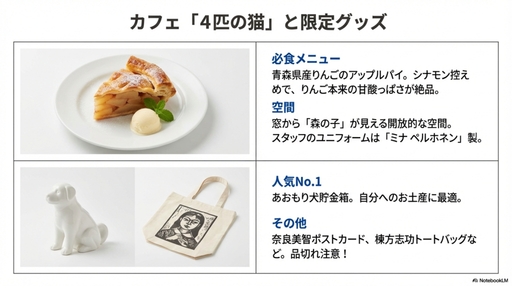 青森県産りんごのアップルパイと、あおもり犬貯金箱や棟方志功トートバッグなどのお土産アイテム。